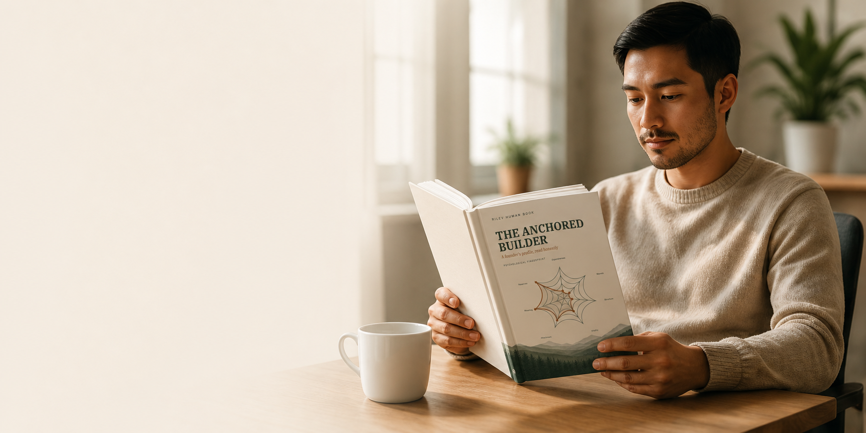 A reader holding their personalized Rilev Human Book at a sunlit table